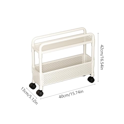 2-Tier Rolling Storage Cart with Wheels, Slim Plastic Organizer Rack for Kitchen, Bedroom, and Bathroom, 15.74x5.12x16.54in (White) - color: White