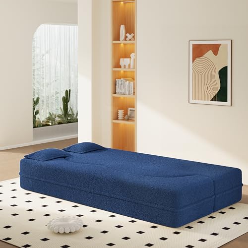 JOYBASE 78" Folding Sofa Bed, Twin Size Futon Boneless Couch, Blue | Easy Bed Conversion, No Assembly Required, Curved Backrest, Deep Seating, High-Density Foam, Matching Pillows
