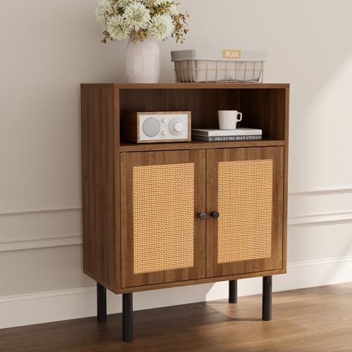 Rattan Storage Cabinet, Boho Accent Cabinet with Double Doors | Small Freestanding Sideboard for Hallway, Laundry Room,Kitchen, Dining Room, Entryway (Walnut) - color: Walnut