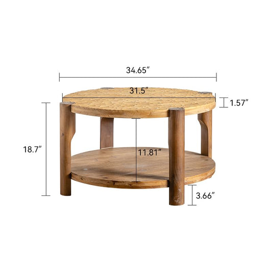 34.65'' Round Coffee Table Wood, Modern Unique Farmhouse Wooden Circle Coffee Table Contemporary Vintage Rustic Center Table Retro End Side Tea Table for Living Room, Office, Apartment, Natural - size: 34.65''D×34.65''W×18.7''H