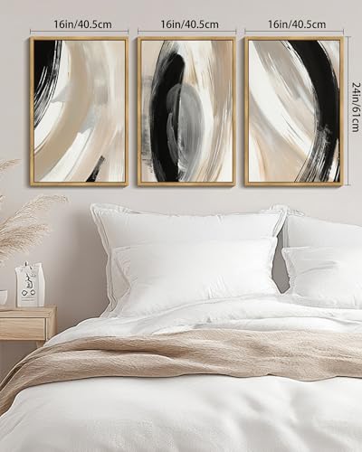 KUVIOKE Black Abstract Framed Wall Art Neutral Minimalist Graffiti Pastel Wall Decor Modern Illustration Art Painting for Bedroom Dining Room 16x24in (Natural Framed) - color: Black Abstract, size: 16 x 24in x 3 Panels Natural
