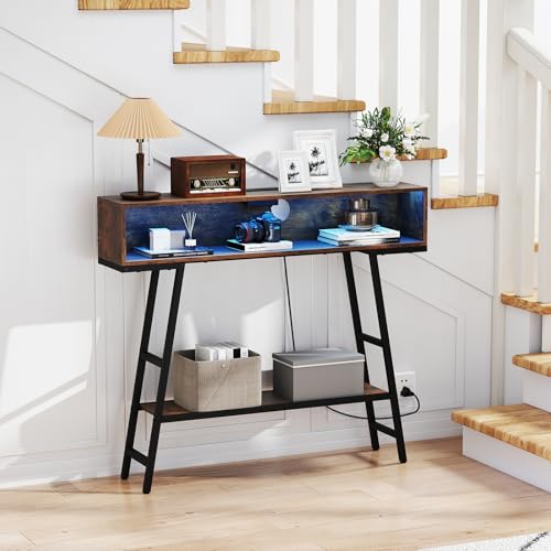 GIANTEX Modern Console Table with Charging Station & LED Lights | 40" Entryway Table w/ Storage Shelves, 3-Tier Display Shelf for Small Space, Sofa Table for Living Room, Rustic Brown + Black - color: Rustic Brown