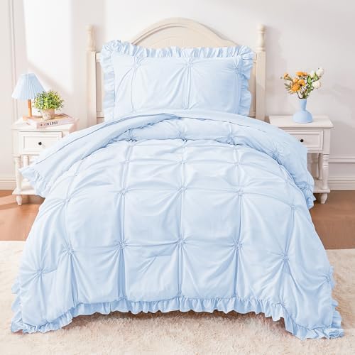 Twin Comforter Set for Girls, Boho Pintuck Bedding Comforter Sets, 4 Pieces Ruffles Jacquard Embroidery Twin Bedding Sets with Comforter, Fitted Sheet, Flat Sheet and Pillowcase, Blue - color: Blue, size: Twin