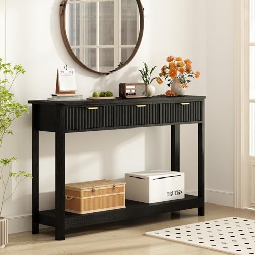 RUSTOWN Fluted Wood Console Table with 3 Drawers, 47.2" Boho Entryway Table | Narrow Behind Couch Sofa Table, Open Storage Shelf, Curved legs, 2 Tier Modern Farmhouse Hallway Table for Living Room, Foyer - color: Black