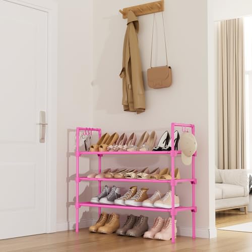 LANTEFUL 3 Tier Shoe Rack for Closet, Shoe Organizer with 5 Hooks, Long Shoe Shelf Storage for Shoe and Boot Stackable Free Standing Shoe Rack for Entryway, Garage, Small Spaces, Dorm, Pink - color: Pink, size: 27.8"W - 3 Tier
