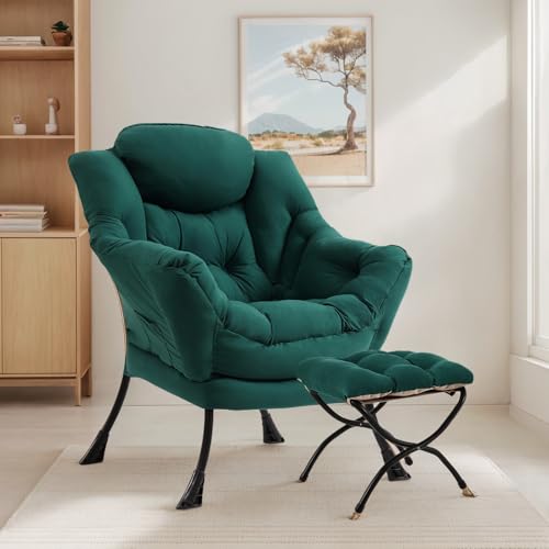 Lazy Chair with Ottoman, Soft Comfy Chair for Bedroom, Green | Reading Accent Lounge Chair with folding Foot Stool for Living Room Dorm Apartment, sturdy metal frame - color: Dark Green