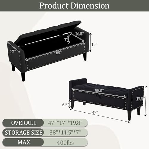47in Velvet Storage Ottoman Bench with Arms, Upholstered Storage Bench with Wooden Legs, Storage Bench for Bedroom, Living Room, Entryway, Black - color: Black