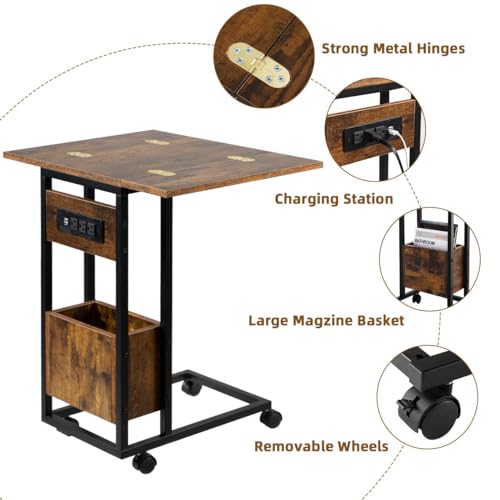 Hadulcet C Tables End Table Set of 2, C Shaped Side Table with Charging Station, Folding Table TV Trays for Eating, Couch Tables that Slide Under, Small End Table Snack Tables, Rustic Brown