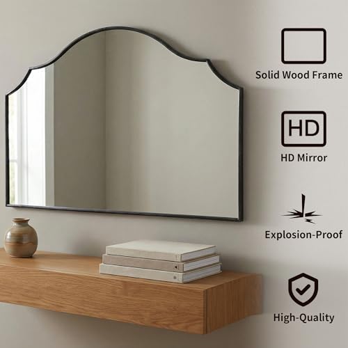Besdomus Black Scalloped Wall Mirror: 47"x31" Large Wooden Fireplace Mirror | Modern Minimalist Decorative Arched Mirror for Vanity/Dresser/Bedroom/Entryway/Bathroom/Living Room/Dining Room/Over Sink - color: Black, size: 31"L x 47"W