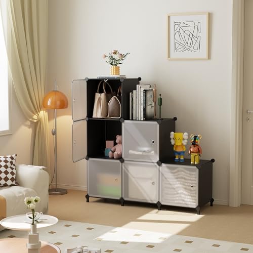 6Cube Storage Organizer Modular Stackable with Doors Black | Sturdy plastic 6-cube cabinet with doors, 30x30x30cm per cube, tool-free snap assembly, ideal for bedroom, stairs, closet - color: Black