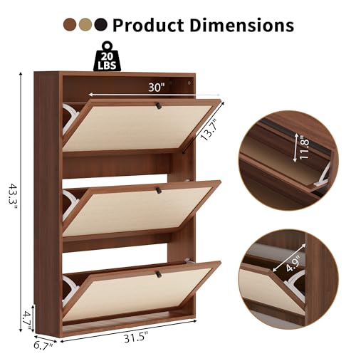 Narrow Shoe Storage Cabinet for Entryway with Natural Linen Panel, Freestanding Slim Shoe Cabinet with 3 Flip Drawers, Wood Shoe Organizer Closed Shoe Rack for Hallway, Living Room(Walnut) - color: Walnut, size: 3 Drawers Single Layer