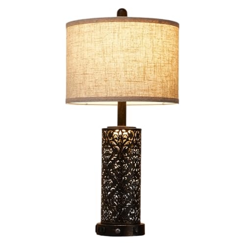 SAIWEYA 26" Set of 2 Farmhouse Table Lamp for Bedroom, Dimmable Touch | 3 Way Dimmable, 2 USB Ports + AC Outlet Bedside Lamp for Nightstand, LED Bulb Included, Fabric Shade, Flower Metal Body - color: White-26in 2 Pack