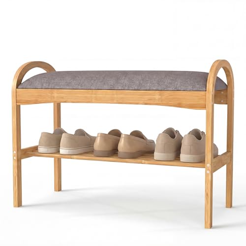 GOFLAME Bamboo Shoe Rack Bench, 2-Tier Entryway Bench with Padded Seat Cushion and Storage Shelf, Shoe Rack Organizer for Hallway, Bedroom, Living Room - style: Without Storage