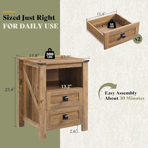 AMERLIFE Farmhouse Wood Nightstand Set of 2, End Table with Drawers, Brown | Narrow/Small 18" Bedside Table with Open Shelf, Wooden Night Stand for Bedroom/Home Office, Rustic Honey Brown - color: Honey Brown