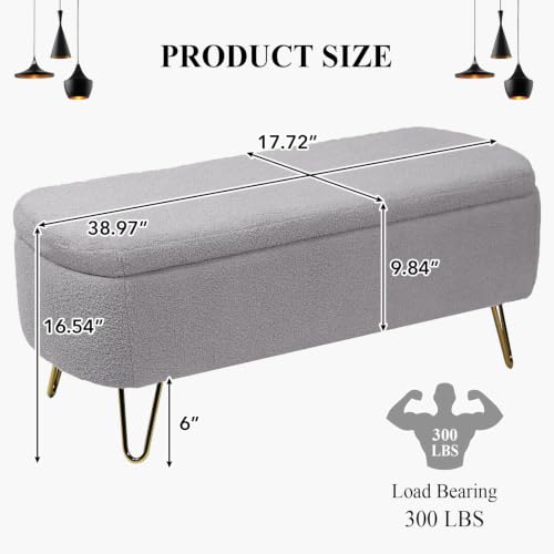 Modern Storage Ottoman Bench, Teddy Upholstered Entryway Bench with Gold Legs, Vintage End of Bed Bench with Safety Hinge, Padded Bench with Storage for Living Room, Bedroom, Entryway(Grey) - color: Grey
