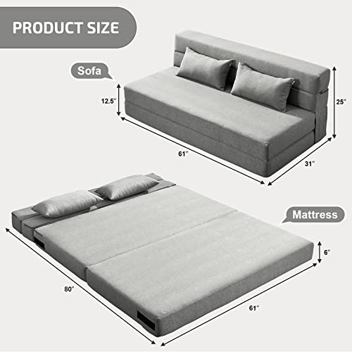 SUYOLS Folding Sofa Bed with Pillows- Convertible Chair Floor Couch & Sleeping Mattress, Foldable Memory Foam Sleeper for Living Room/Dorm/Guest Room/Home Office/Apartment/Loft, Queen, Light Gray - color: Light Gray, size: Queen