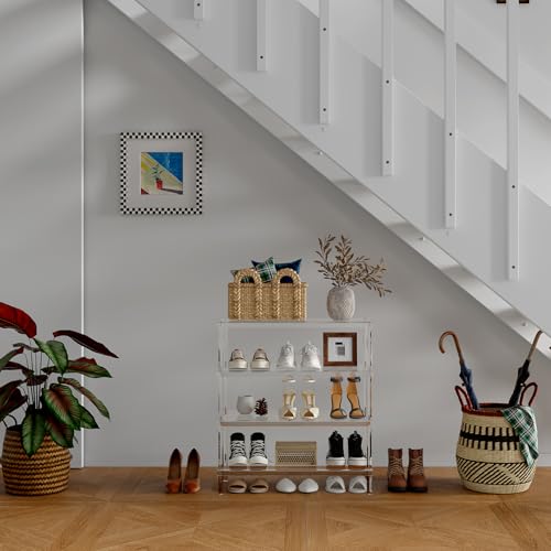 Aquiver 4-Tier Acrylic Shoe Rack - Shoe Rack Organizer - Modern Shoe Storage Shelf, Holds 12-16 Pairs of Shoes for Entryway, Closet - 25.6'' L x 11.8'' W x 28.3'' H, Clear, Easy Assembly & Clean - size: 25.6''L x 11.8''D x 28.3''H