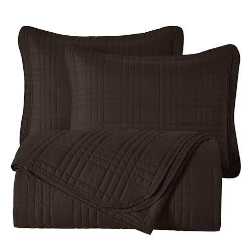 Chezmoi Collection Kingston Queen Size Bedspread Set, 3-Piece Brown Oversized Quilted Microfiber Lightweight Bedspread Coverlet (100"x106") for All Seasons - color: Brown, size: Queen