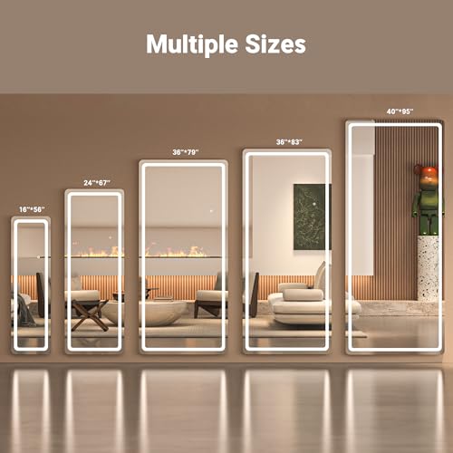Full Length Mirror with Lights, 56" x 15.8" LED Lighted Floor Standing Body Mirror, Dimmable & 3 Color Lighting for Cloakroom, Dressing Room, Tempered Glass, Rounded Corner Black - color: Black, size: 56"L x 15.8"W