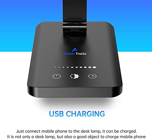 Ambertronix LED Desk Lamp with USB Charging Port, Dimmable Eye-Caring Reading Desk Light for Home, with 5 Brightness Level & 3 Lighting Modes, Touch Control, Auto Timer (Black) - style: Black 1.0