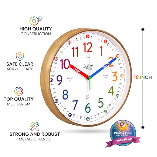 Oyster&Pop Rainbow Kids Wall Clock - Silent 10" Analog Learning Clock | Fully labeled color-coded telling time teaching clock for classroom, bedroom, nursery and homeschool - toddlers to age 12 - color: Rainbow, size: 10 inch