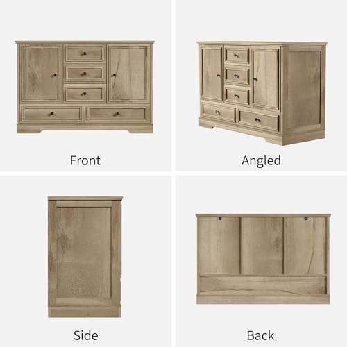 GarveeHome 47" Farmhouse Sideboard Buffet Cabinet, Sideboard Storage credenza with 5 Drawers and 2 Doors, Wood Coffee Bar Cabinet, Buffet Table for Dining Room Living Room, Oak - color: Oak
