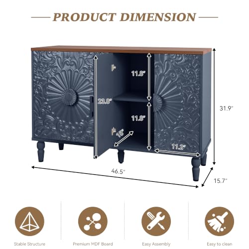 Blue Sideboard Buffet Cabinet with Embossed Floral Doors | 47" Wood Accent Cabinet for Entryway, 4 Door Credenza Storage Cabinet for Dining Room, Living Room - color: Blue