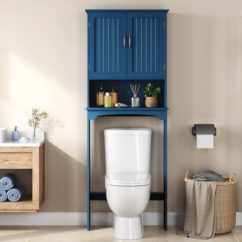Yaheetech Over the Toilet Storage Cabinet, Bathroom Organizer, Navy Blue | Adjustable Shelf Frees Up Floor Space, Open Compartment, Beadboard Doors, Holds Towels, Anti-Tip Kit Included - color: Navy Blue