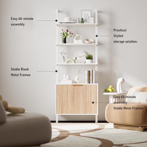 74" Tall Bookshelf with Storage Cabinet, Modern Ladder Shelf with Wood and Metal Frame, Wall Mount Bookcase Open Display Shelf Furniture for Living Room, Bedroom, Home Office, White and Oak - color: White & Oak