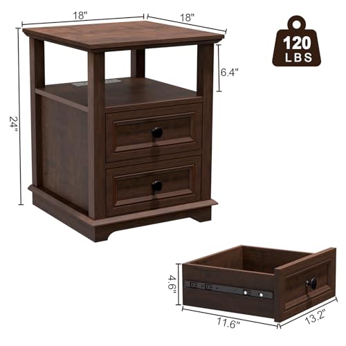 24" Tall End Table with Charging Station & 2 Drawers | Double 18W Fast Charge, Large 18" Bedside Table, Open Shelf, Living Room, Bedroom, Home Office - color: Cherry, size: 1 Piece