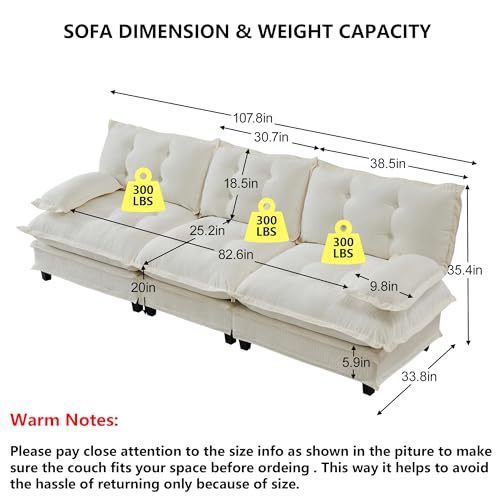 107.8" Modular Sectional Sofas for Living Room,Roomy Tufted 3 Seater Cloud Couch with Deep Seat,Modern Comfy Chenille 3 Seat Cloud Sofa for Bedroom,Apartment - color: Beige, size: 3 Seater