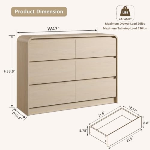 Aitjunz Modern 6 Drawers Dresser for Bedroom, 47" Wide Wood Dressers, Cream | Wooden Dressers & Chests of Drawers w/Curved Profile Design, Mid Century Dresser w/Handleless Design for Bedroom, Living Room - color: Cream, size: 15.5"D x 47.2"W x 33.9"H (6 D