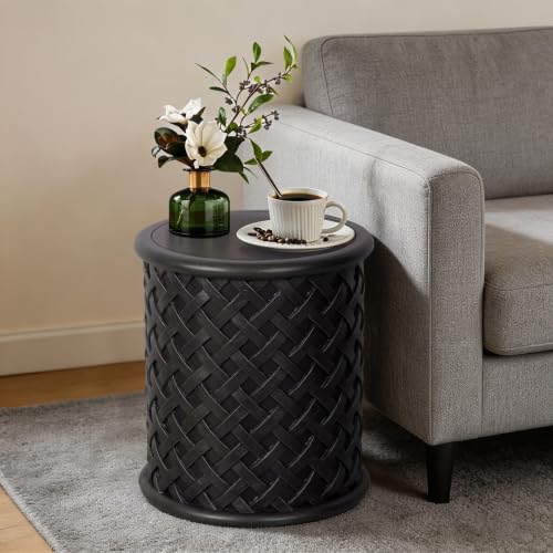 Afterglow Outdoor Side Table Round, Modern End Table Bedside for Patio Garden Stools Porch Coffee Picnic Poolside Tables Indoor Living Room Bedroom Home Decor, Black Weaving - color: Black Weaving