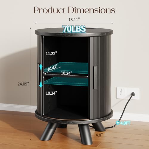 Round End Table with Storage - Fluted Side Table with Charging Station, Wood Nightstand with Sliding Tambour Door for Bedroom, Accent End Tables Living Room, Modern Bedside Table, Black