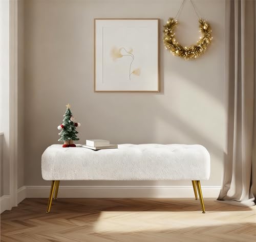 Yaheetech 45in Upholstered Boucle Ottoman Bench Seat with Gold Legs, Ivory | Tufted Upholstered Bench Seat, Bed Bench with Tapered Gold Metal Legs, Sized for Window Seat Entryway Living Room - color: Ivory