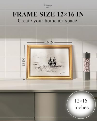 HUARCEY Vintage Gold Framed Western Cowboy Canvas Wall Art Decor 12"X16" | Antique Western Horseback Landscape Sketch Painting Rustic Farmhouse Ranch Equestrian Artwork Print For Living Room Office - color: Cowboys on an Adventure, size: 16"L x 12"W