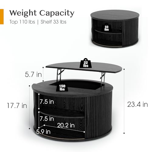 JOINICE Black Lift Top Coffee Table with Storage for Living Room,Round | 31.5" Drum Design,Hidden Storage&Open Shelf,Modern Fluted Center Table for Small Apartments,Easy Assembly,Up to 150 lbs - color: Black_round_lift Top