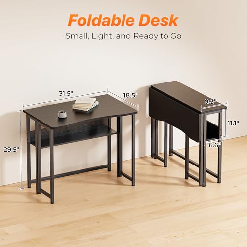 Huuger Folding Desk with Storage Shelf, 31.5 Inch Foldable Computer Table | Writing Work Office Computer Desk for Small Spaces, Space Saving Sofa Table for Couch, Easy to Fold, Black - color: Black, size: 18.5"D x 31.5"W