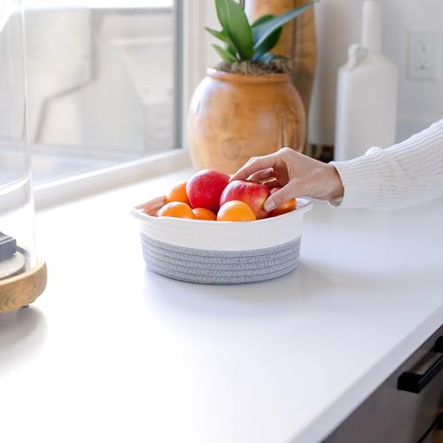 5-Piece Round Woven Cotton Rope Storage Baskets for Organizing, Small Shallow Nesting Set for Montessori Toys, Entryway Catchall, Fruit Bowl, Key Tray, Remote Holder, Nursery & Pet Toys - color: Off White & Gray