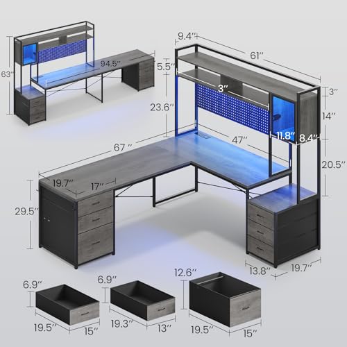 SEDETA Reversible L Shaped Gaming Desk with 6 Drawers, Hutch, Led Lights | Computer Corner Desk with File Drawer, Storage Shelves for Home Office, Gaming Two Person Desk with Power Outlet, Grey - color: Grey