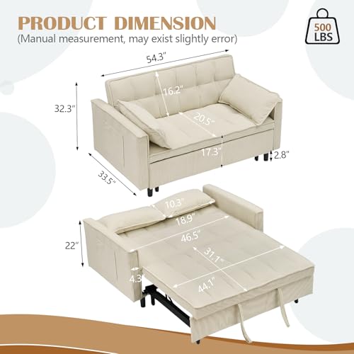 3 in 1 Pull Out Couch,Convertible Sleeper Sofa Bed, Corduroy-Beige | Futon Loveseat Couch with Pull-Out Bed & Adjustable Backrest Velvet Sofa with Side Pocket for Small Apartment - color: Corduroy-beige, size: 54.3 "