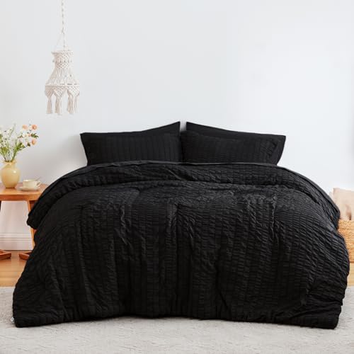 Love's cabin Seersucker Black King Size Comforter Set, 7-Piece All Season Lightweight Bed in a Bag Bedding Set with Comforter, Flat Sheet, Fitted Sheet, Pillowcases and Shams - color: Black, size: King (102"x90")