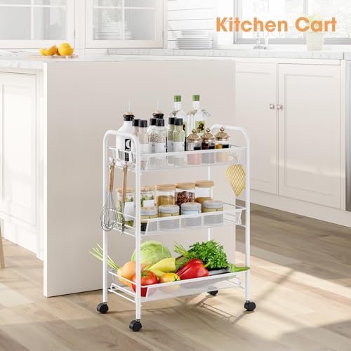 TOOLF 3 Tier Rolling Cart, Metal Utility Storage Cart with Wheels, White | 3 Hooks, Screwless Assembly, Trolley Organizer for Bathroom, Kitchen, Office, Nursery, Dorm, Laundry Room - color: White, size: 3-Tier