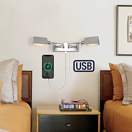 JONATHAN Y Arlo 54" 2-Light Double Swing Arm Metal Lamp, Nickel | Industrial Farmhouse Design, Pull Chain Switch, USB Charging Port, Hardwired, Adjustable Shades, LED Bulbs Included - color: Nickel, size: 2-Light
