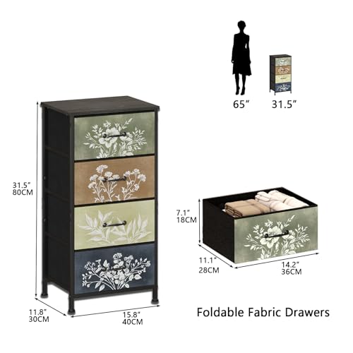 Vintage Floral Narrow 4 Drawers Dresser Nightstand Side Table | Retro Boho Dresser Fabric Drawers for Closet Living Room Bedroom Dorm Convenient Storage Organizer Botanical - size: 11.8"D x 15.8"W x 31.5"H (4 Drawers)