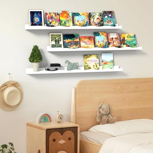 AZSKY Floating Bookshelf for Kids, Floating Shelves for Wall Cloud Picture Ledge Shelf White 23.6 Inches Nursery Book Shelves Set 3, Baby Book Shelf for Kids Room, Toddler Room, Nursery Decor - color: White, size: 24Inch
