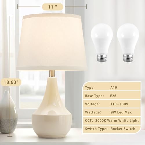 18" Table Lamp Set of 2, Ceramic Table Lamp Classic Beside Lamps Nightstand Lamp Modern Lamp for Living Room, Bedroom & Office Rocker Swtich Cream-LED Bulbs Included - color: 18.63" Ceram