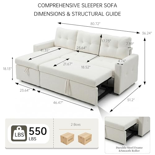 HIPIHOM Pull Out Sleeper Sofa Bed with Storage Chaise, 80.7" L-Shaped Teddy Sectional Couch, Convertible 3-Seater for Living Room, Apartment & Guest Room, Easy Assembly, White - color: White