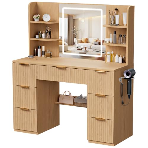 LIVELYGLOW 43" Large Natural Wood Makeup Vanity Desk with Charging Station | Fluted Design, Smart LED Mirror, Hairdryer Holder, 7 Drawers - color: Wooden/Fluted