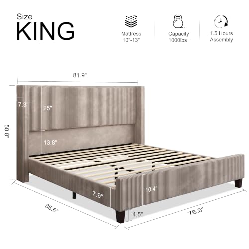 King Size Bed Frame with 50.8 Inch Corduroy Wingback Headboard, Taupe | Modern Upholstered Platform Bed, Solid Wood Slats, No Box Spring Needed, Noise-Reducing Design - color: Taupe, size: King